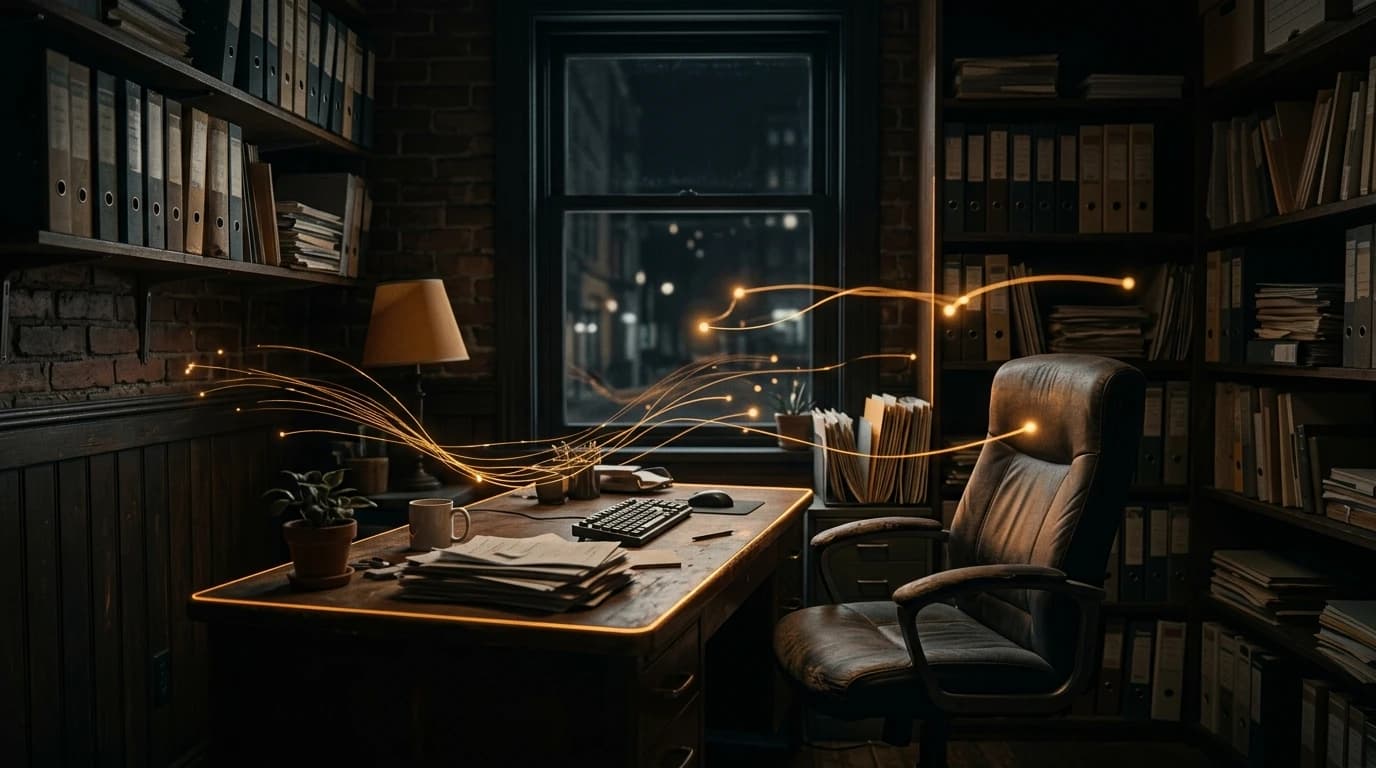 An established service business running on its own after hours, with amber lines of autonomous AI activity flowing through an empty office