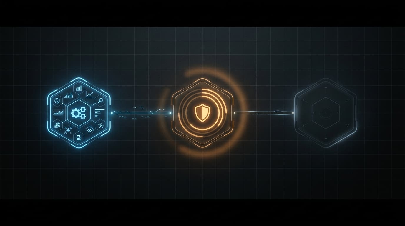 Abstract visualization of an AI workflow pausing at a checkpoint gate for human review