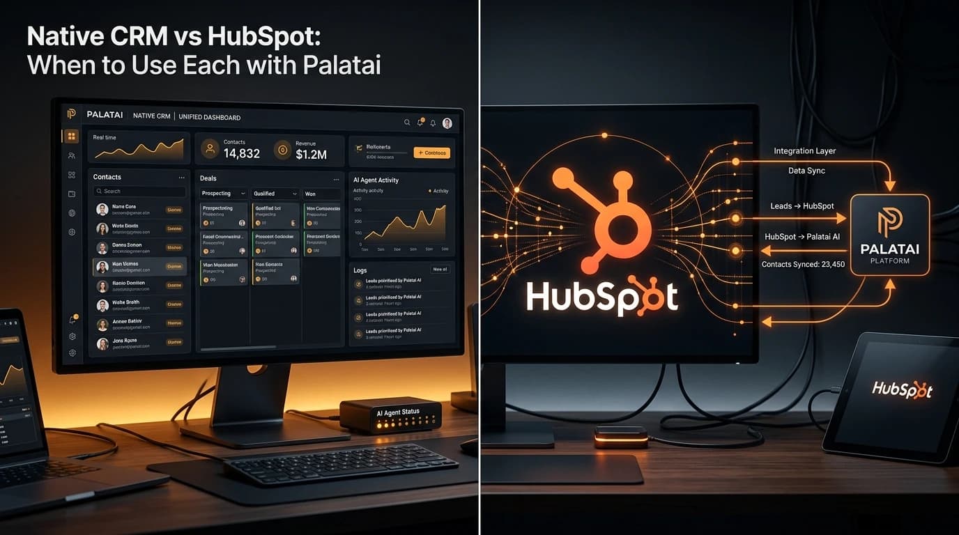 Split view comparing a native AI CRM dashboard with HubSpot integration