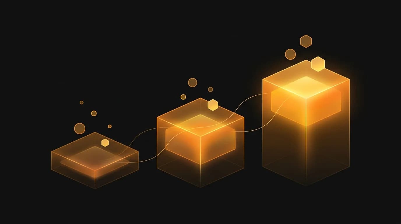 Tiered revenue share pricing model with ascending value tiers connected by amber light paths against a dark background